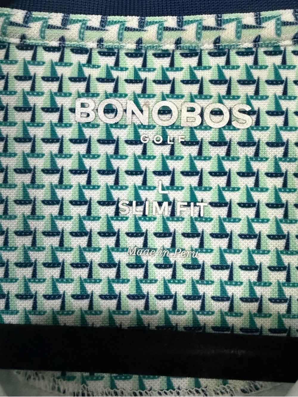 Bonobos Mini Sail Boats Mint Patterned Polo with Navy Collar - Picture 2 of 5
